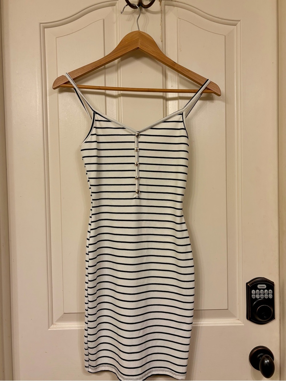 Striped White and Black Spaghetti Strap Mini Dress with Button Detail